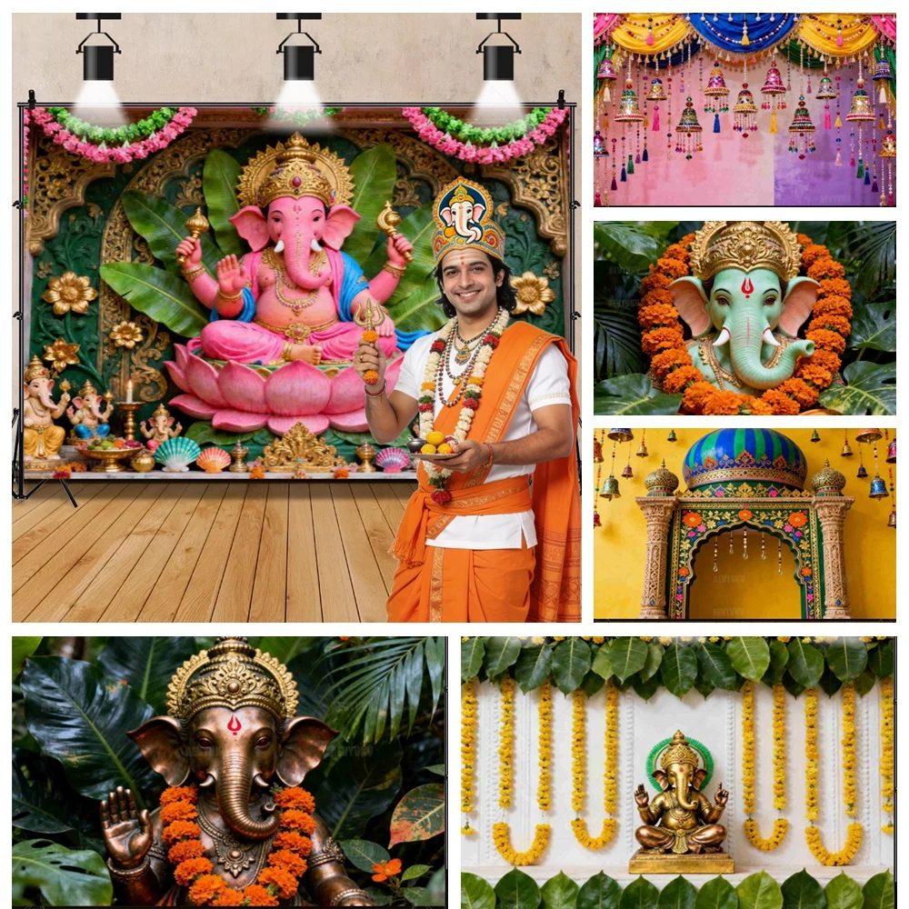

Indian Wedding Backdrop Ganesh Elephant Theme for Diwali Party Decor Premium Photography Marigold Garland Mandap Background​