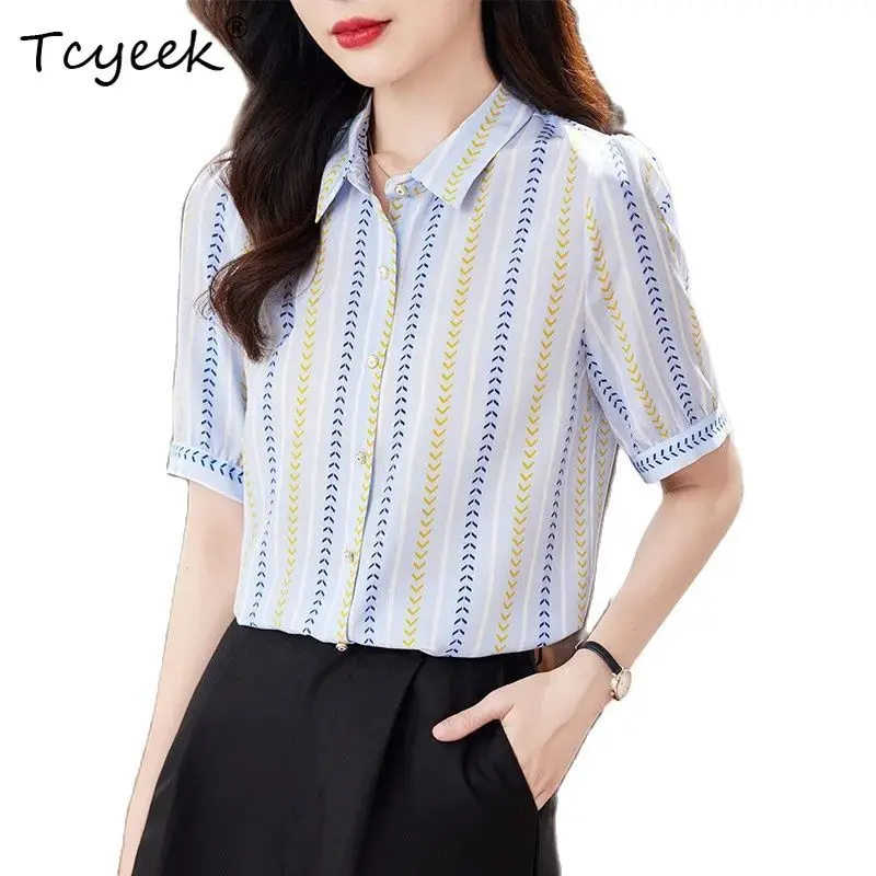 

Tcyeek, 100%Natural Silk Elegant Shirt, Women Short Sleeve Printed, Commute Versatile Blouses, 2024 Summer Autumn New T47585QM