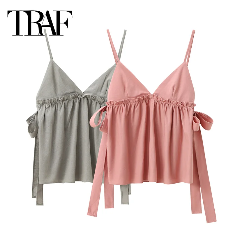 TRAF 2024 Ruffle Crop Top Women Bow Ties Sleeveless Backless Top With Straps Ruched Sexy Summer Tops Woman Tanks And Camis