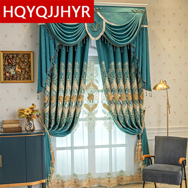 

European Luxury Green Gold Embroidered Green Curtains for Living Room, Bedroom and Kitchen High-quality Custom Chenille Curtain