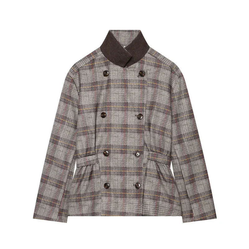 Women's Jacket Stand Collar 2026 New Fashion Autumn Long-Sleeve Checked Strap Blazer for Women Versatile Chic Female Jacket