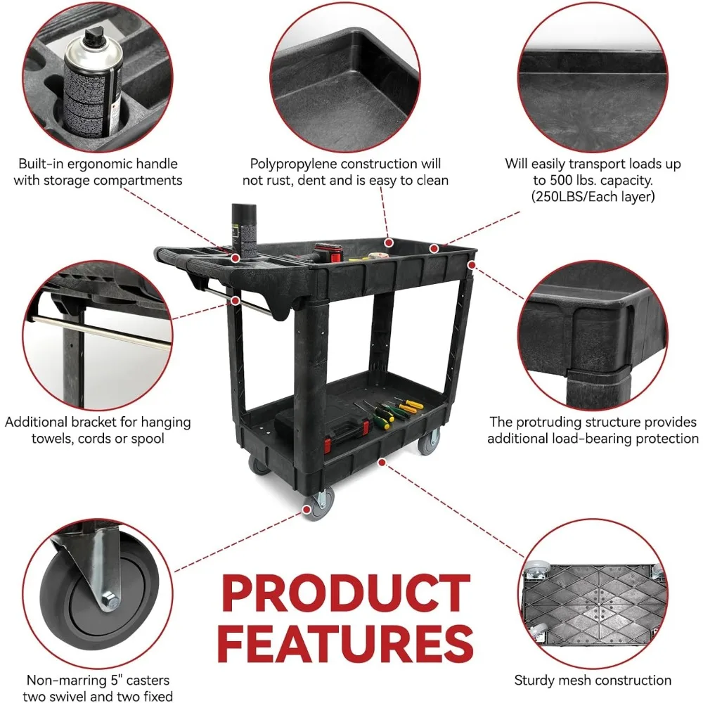 Carro utilitario con ruedas de 2 estantes, servicio resistente y carro de herramientas con ruedas, 40 x 17 pulgadas, capacidad de carga de 500 lb, ideal para garajes,