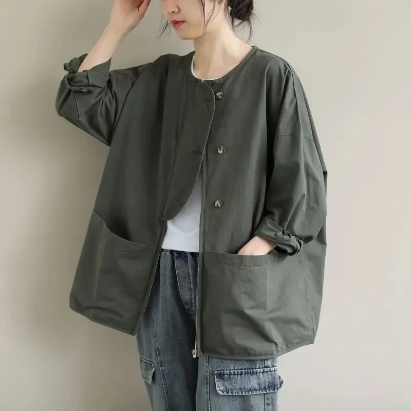 

Loose Long Sve irt ort Jaet Retro Artistic Stand Collar Large ket Casual Women's plus Size Brand Button