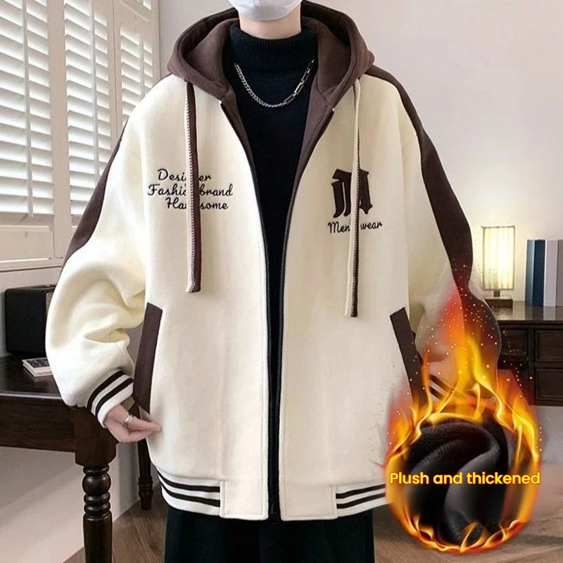 

Autumn and winter trendy embroidered baseball uniform jacket for boys handsome hooded loose trendy brand plus fat plus velvet