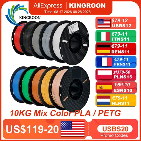 KINGROON 22LBS PETG or PLA Filament 3D Printer Filament 10 Rolls 1KG 1.75MM Eco-Friendly Good Toughness Mix Color Free Shipping