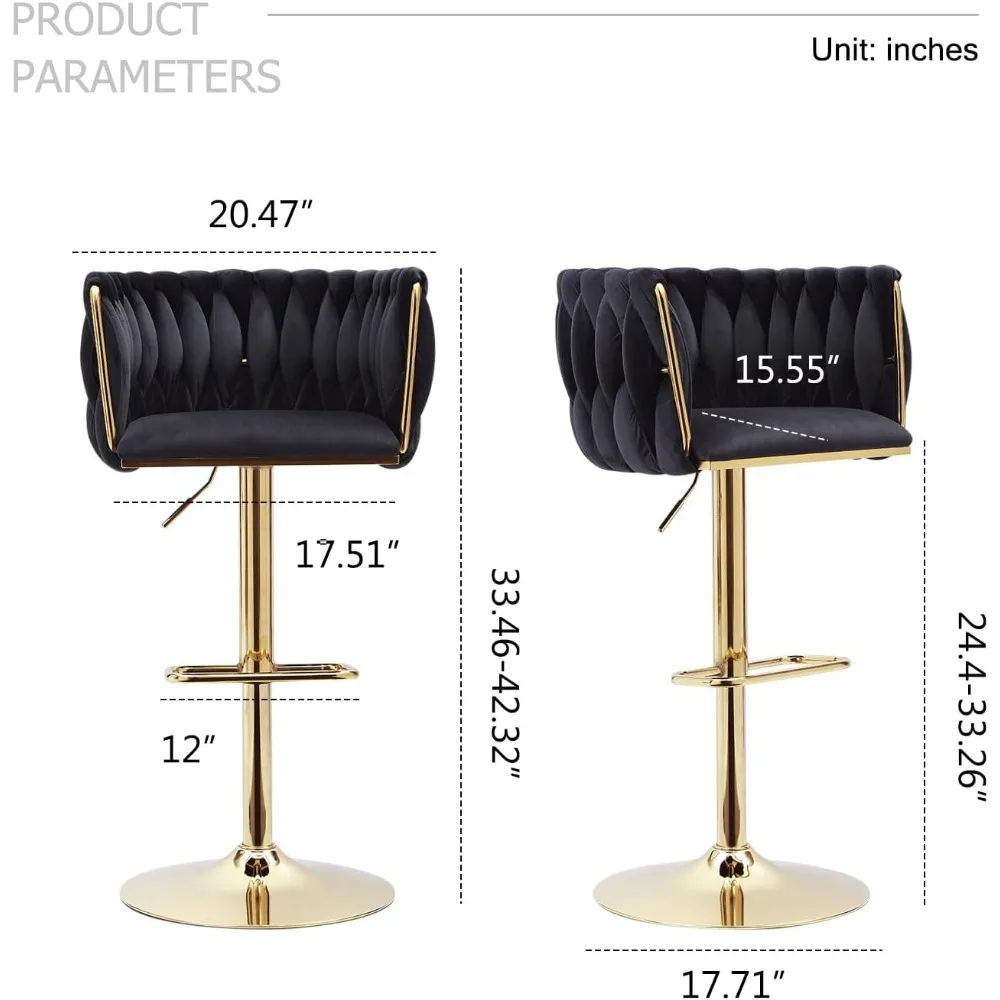 Juego de 2 taburetes de bar de terciopelo: sillas modernas de altura giratoria ajustable con respaldo tejido para isla de cocina, comedor, cafetería