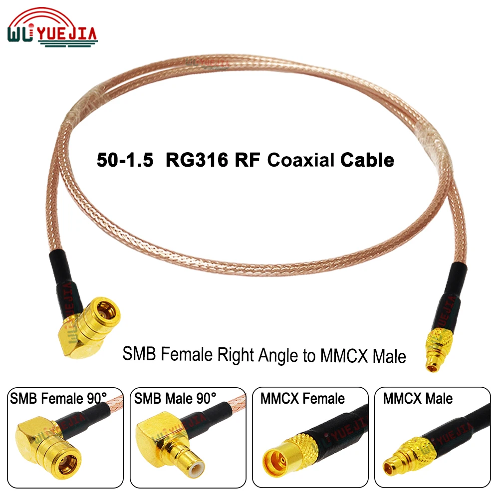 1Pc RG-316 Cable SMB Female Male Right Angle to MMCX Male Female Jack Connector 50-1.5 RF Coaxial Cable Antenna Extension Jumper