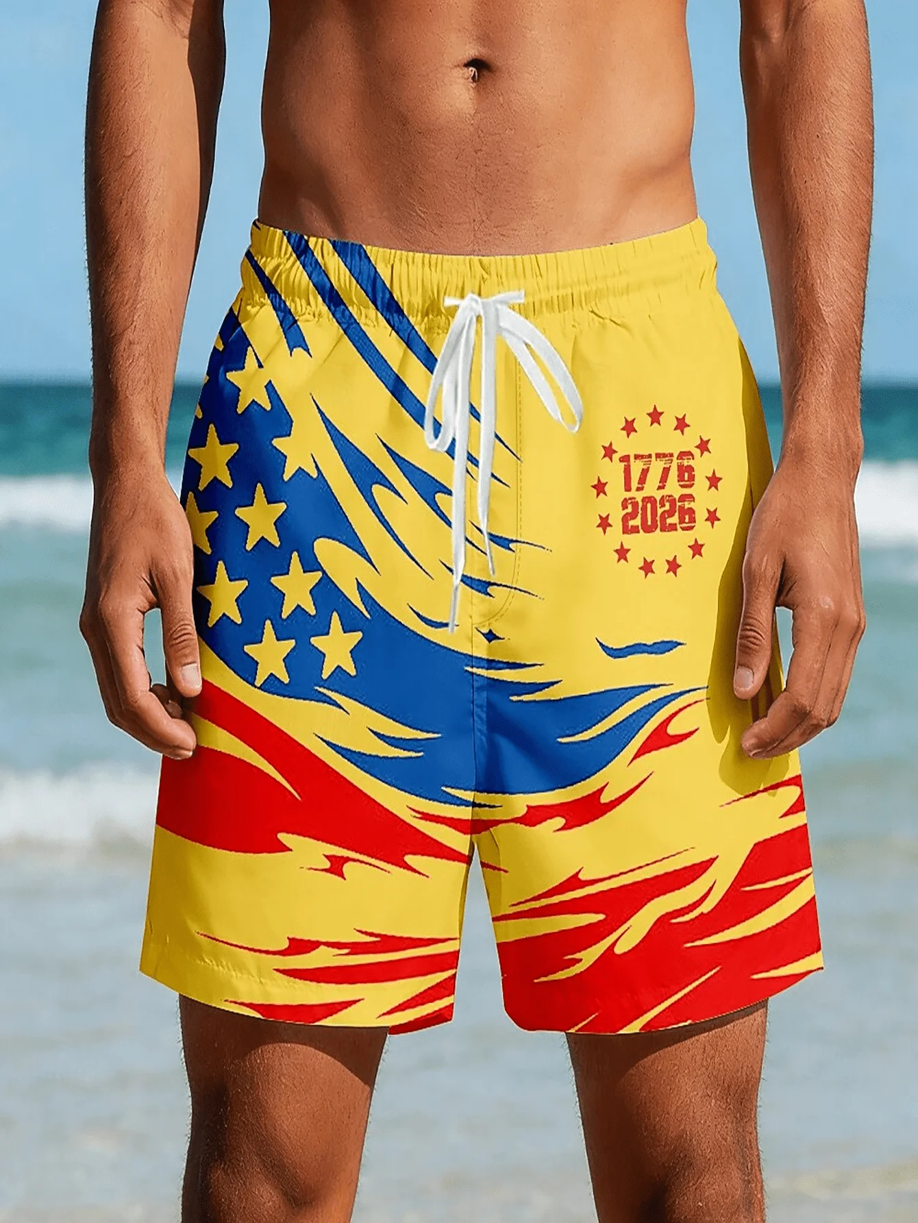 Men's 1776 2026 American Flag Print Quick Dry Drawstring Waist Beach Shorts Swim Trunks