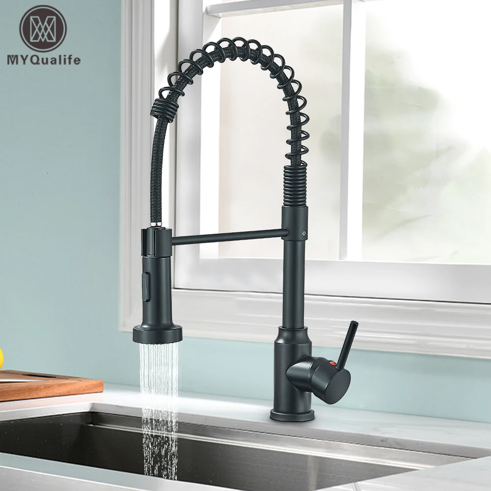 Grifo de fregadero de cocina negro mate, grifo de agua fría y caliente con una manija, grúa de cocina cromada montada en cubierta para baño