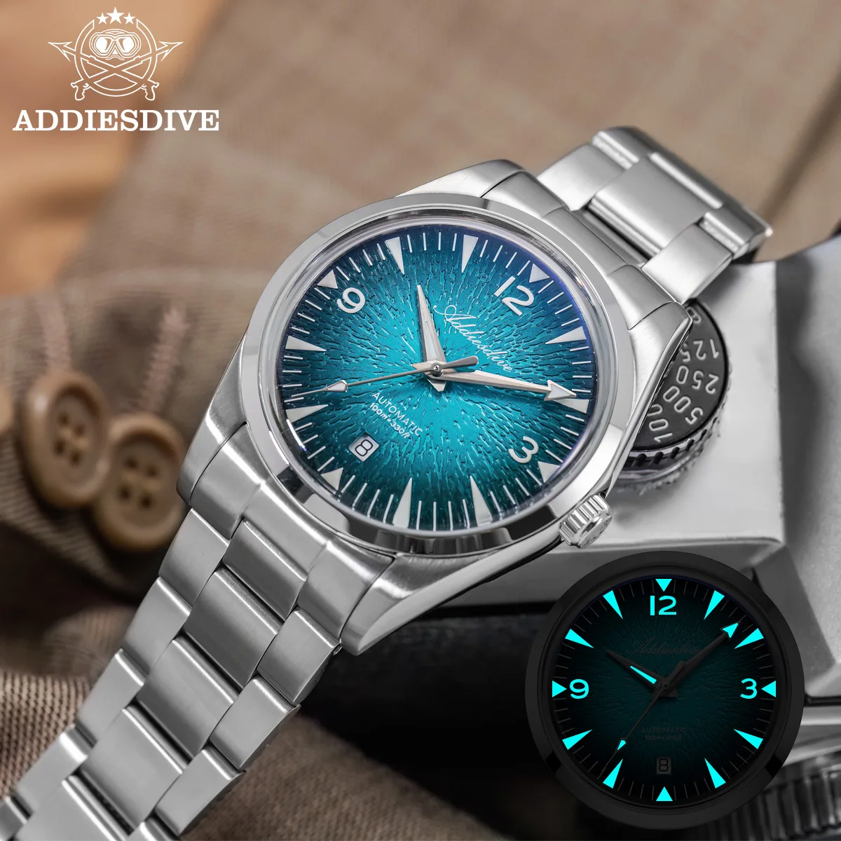 ADDIESDIVE グラデーション腕時計男性用 AD2508 リロイオンブレ ステンレス鋼防水 BGW9 発光自動機械式時計新