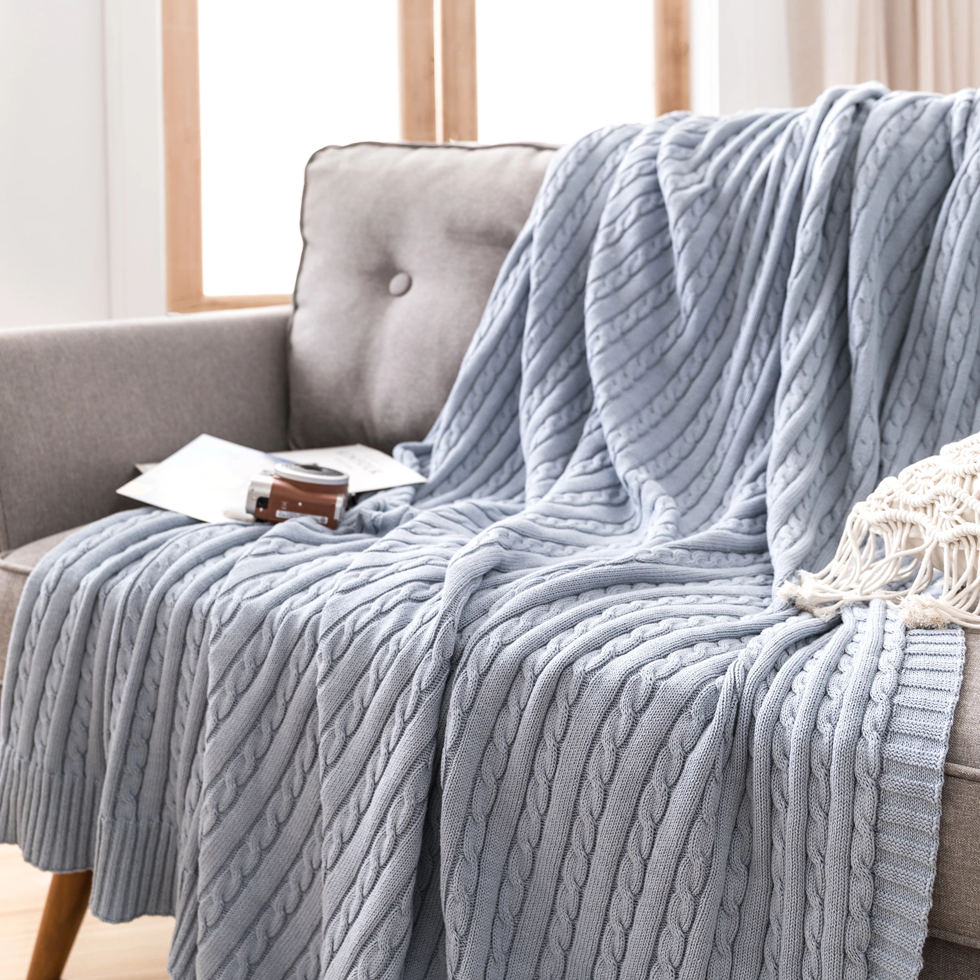 Battilo Cotton Knitted Throw Blanket Soft Cozy Cable Knit Sofa Throws Large Heavyweight Decorative Blanket for Twin Queen Bed