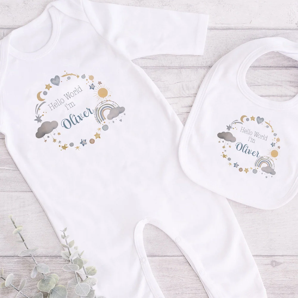 Personalizzato Hello World Babygrow Sleepsuit Set New Boy Coming Home Outfit annuncio di gravidanza regali personalizzati