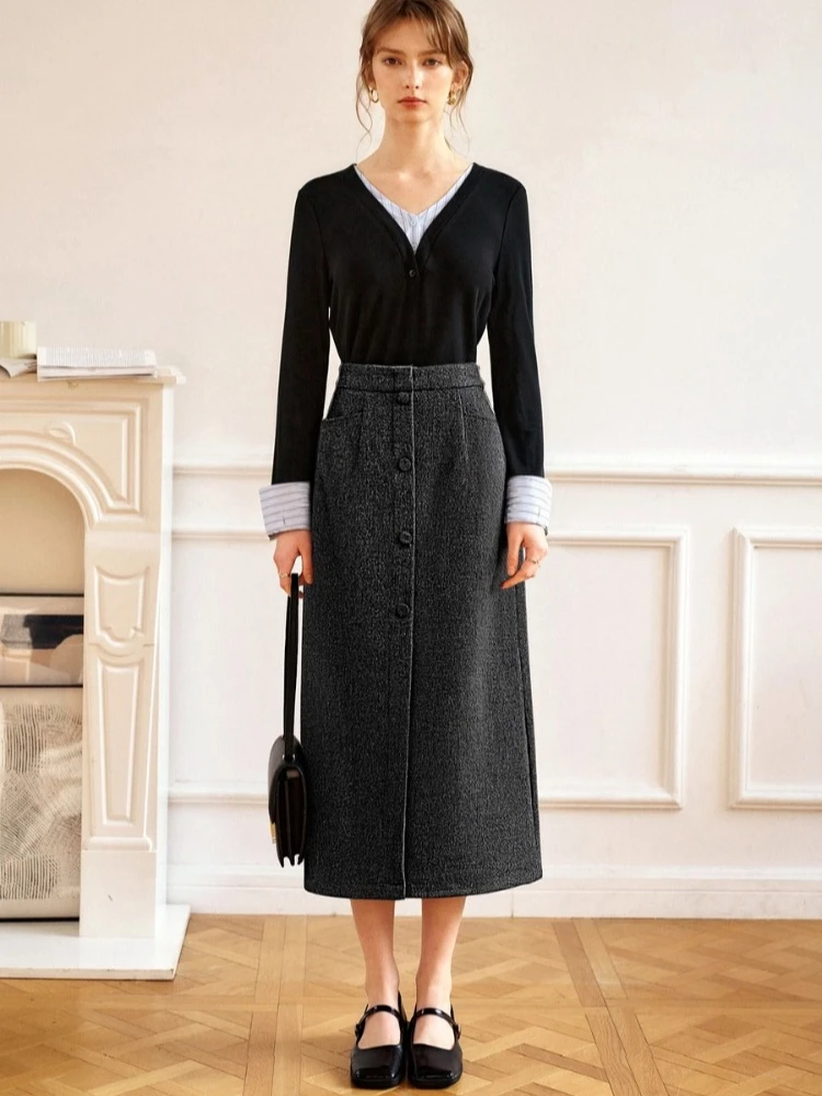 กระโปรงทรงตรงผู้หญิง OLrain รุ่นใหม่ประจำฤดูใบไม้ร่วงปี 2025 กระโปรงทรงหลวมแบบเรียบง่าย มีกระเป๋า สไตล์ฝรั่งเศส เสื้อผ้าผู้หญิงสำหรับใส่ทำงาน รุ่น O57DB95565