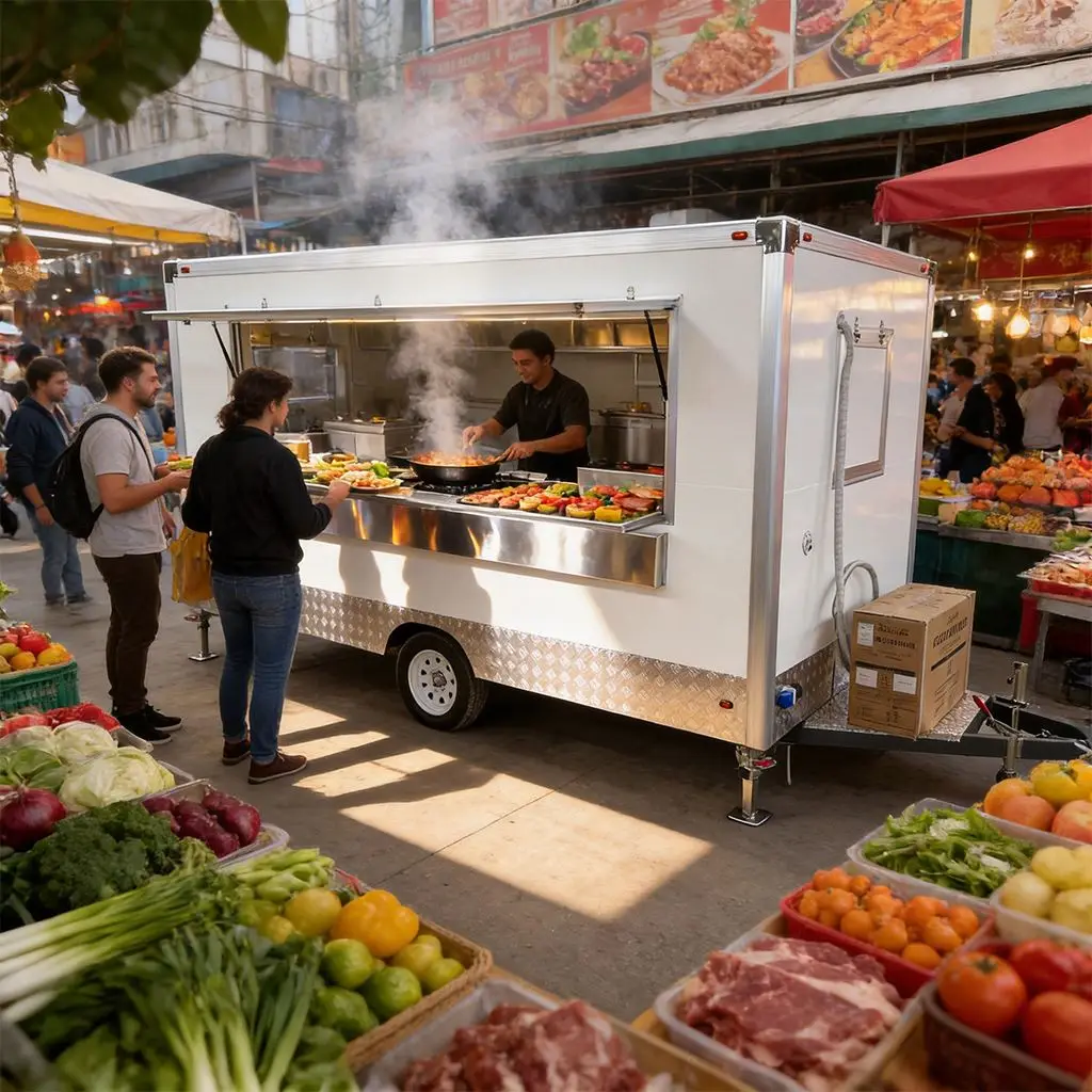 Mobile Juice And Smoothie Bar Trailer With Industrial Blenders And Ice Storage For Summer Beach Crowds