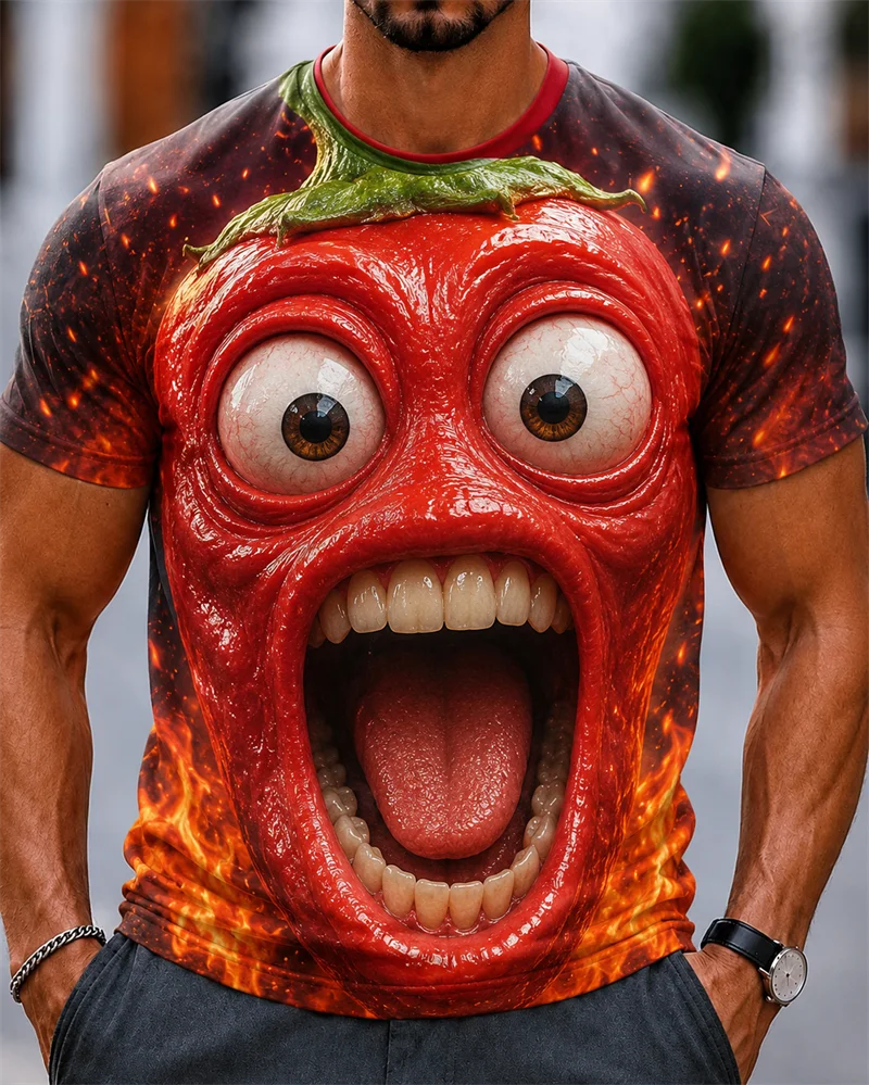 Vegetable 3D Screaming Face T-shirt Funny Monster Big Eyes Print Short Sleeve Summer Casual Streetwear Graphic Funny Gift Tops