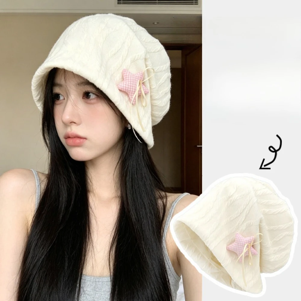 Beige Black Color Postpartum Star Bow Fleece Lined Hat Plus Size Windproof Warm Beanie New Winter Skull Sleep Cap for Women