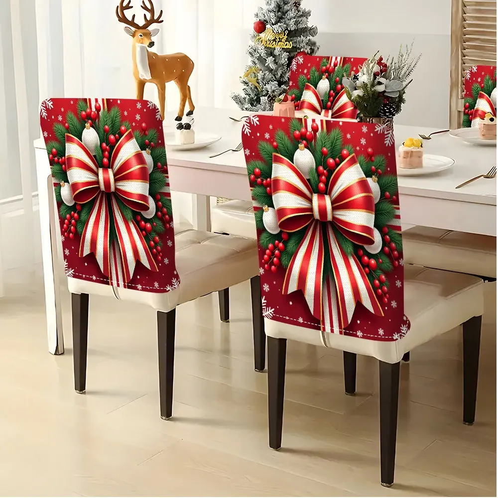 VIKAMA Christmas Cute Fawn Printed Dining Chair Back Cover Red Background Removable Chair Slipcover Xmas Home Party Decor