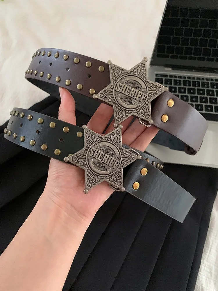 Multi-color Rivet Star Antique Buckle PU Belt, Y2K Wide Strap in Brown/Black/Pink/White, Trendy Decorative Waist Belt for Skirts