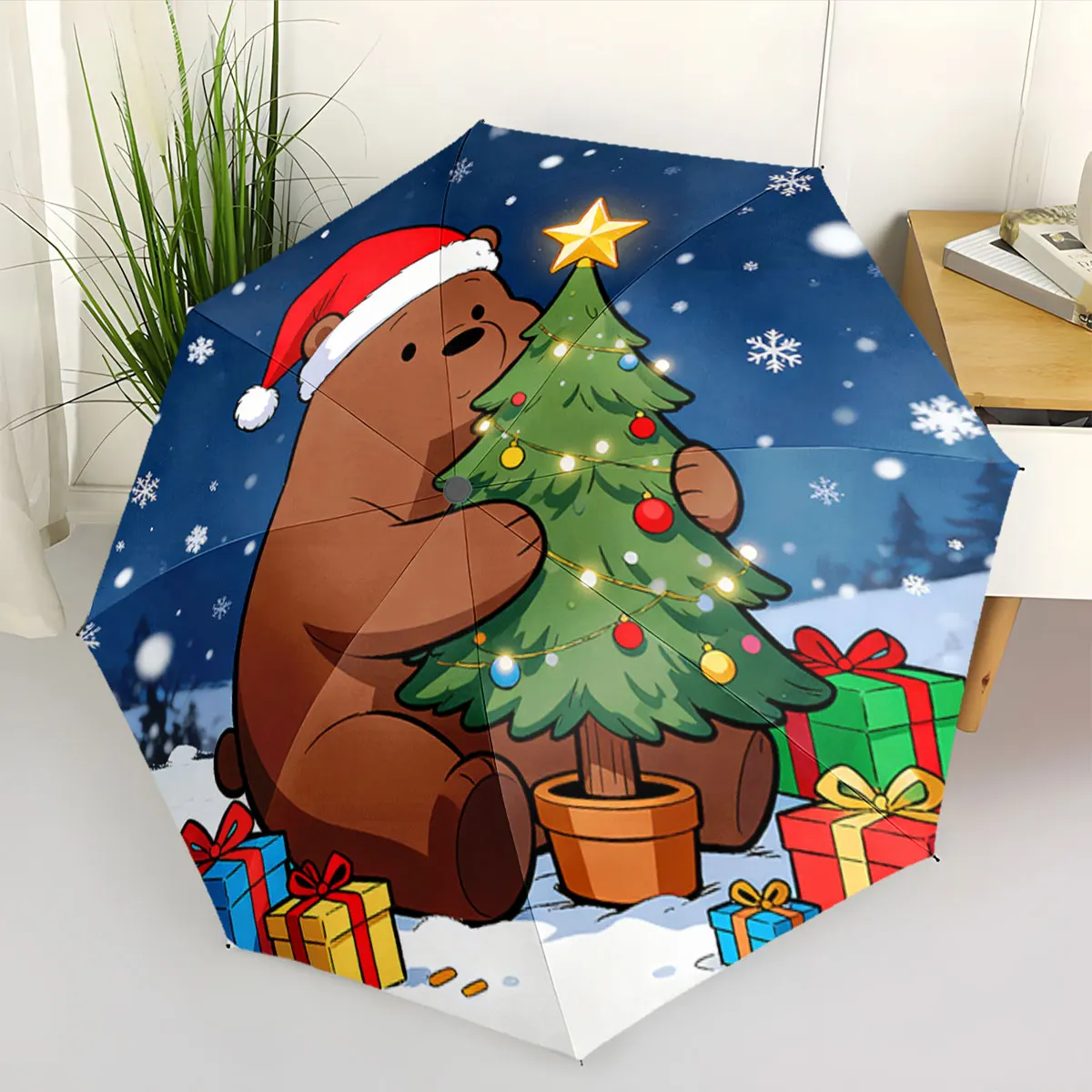 Cute Bear Hugging Christmas Tree Snowy Holiday Scene portable waterproof sun rain umbrella for outdoor travel beach