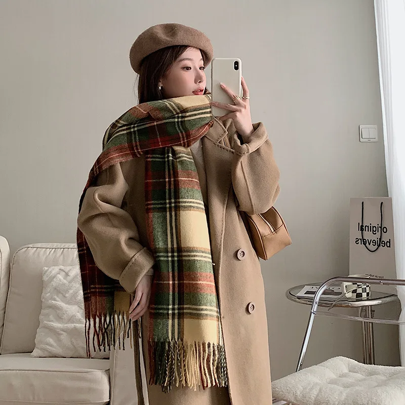 

2022 New Plaid Print Shawl Bufandas Women Warm Cashmere Blend Scarf Femme Muffler Sweet Tassel Cape Wraps Over Size Scarves