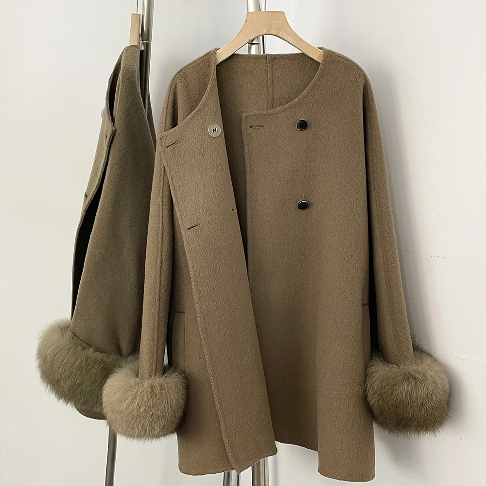 OFTBUY Neuer Damen-Doppelmantel aus Wolle mit Echten Fuchspelz-Manschetten Rundhals Warmer Winter Eleganter Modischer Wollmantel – Detail 8
