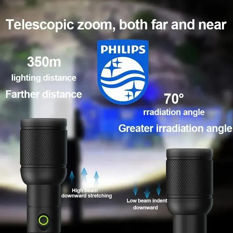 Philips 6168 lanterna de zoom óptico tipo-c lanterna portátil com 4 modos de iluminação para autodefesa acampamento tocha luz