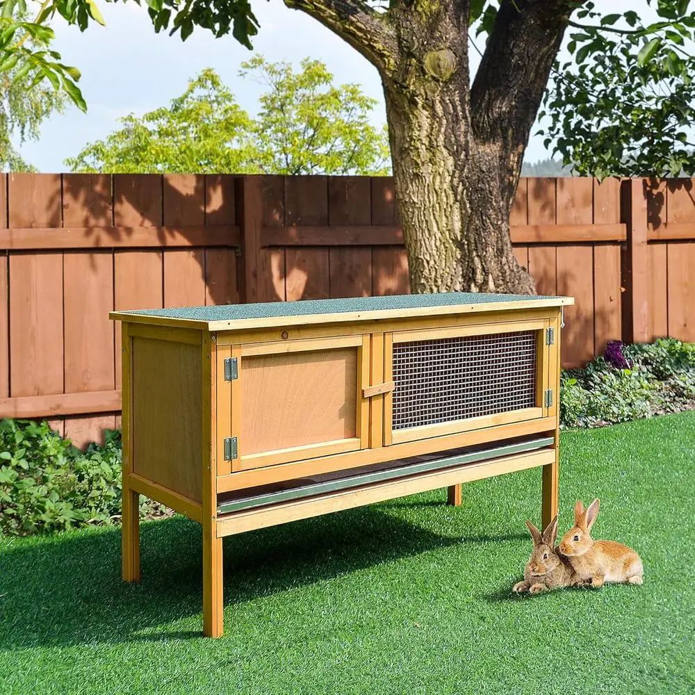Wooden Rabbit Hutch Bunny Cage with Openable Waterproof Roof, No Leak Tray, Sturdy Wood Build for Indoor/Outdoor