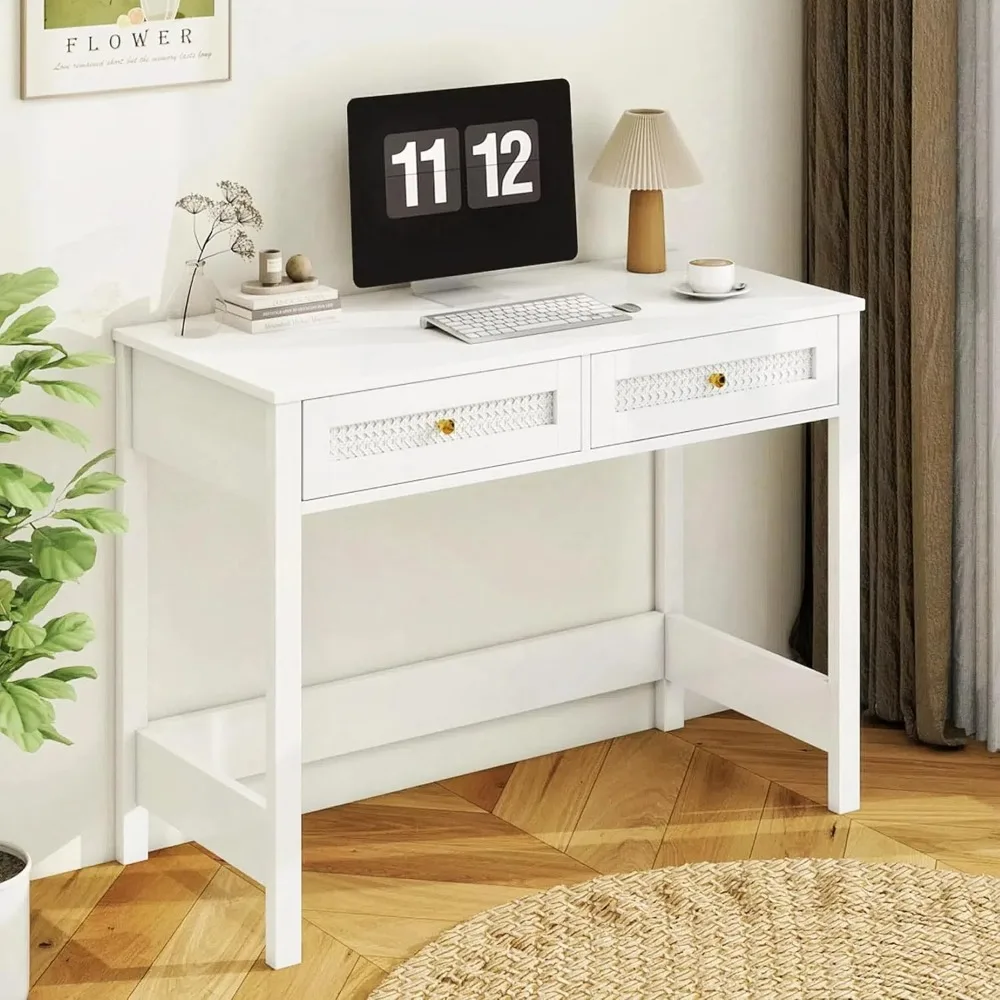 

Modern White Rattan 40 Inch Computer Desk with 2 Drawers for Small Spaces, Home Office Study or Bedroom, 39.5W x 17.8D x