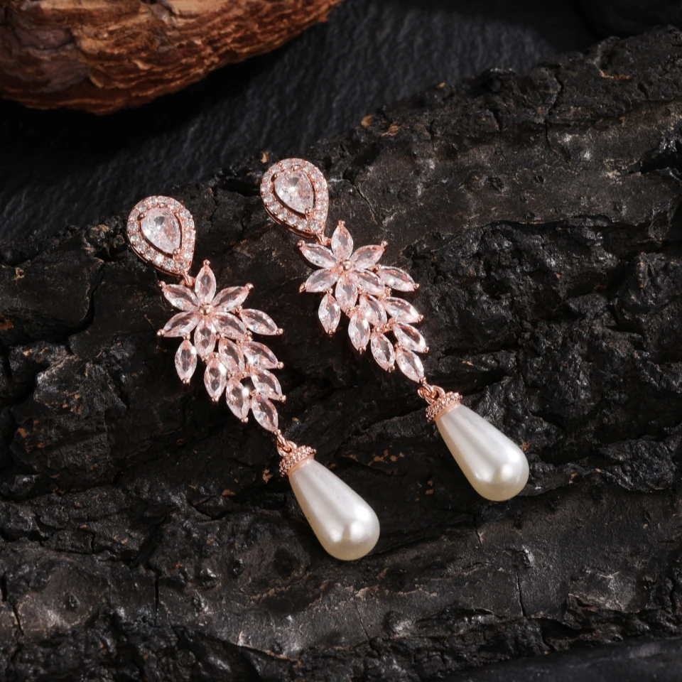 ZAKOL Luxury Bridal Dangle Earrings for Women Fashion Zircon Leaf Wedding Party Jewelry