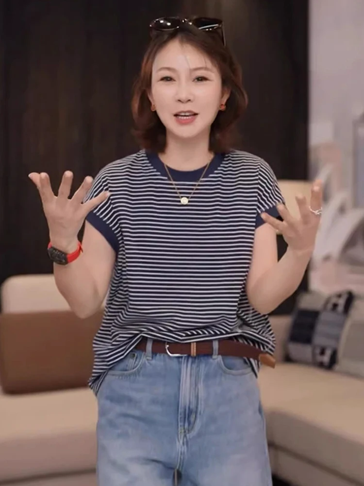 

Slimming Effect Cotton Blend Striped ort Sve T-irt Casual Sle Summer Comfortable Breathable Pullover Base irt