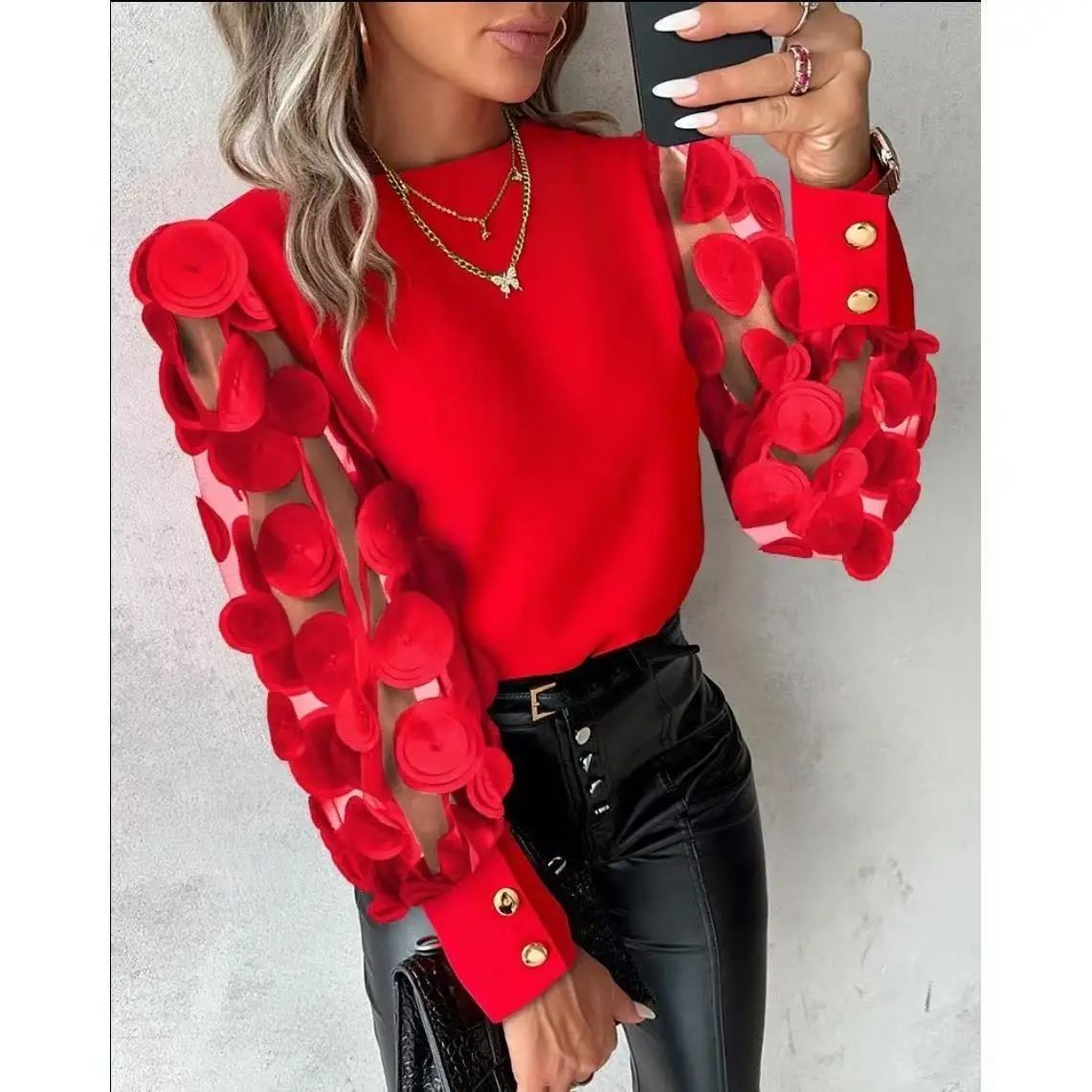 Solid Color Round Neck Blouse Sheer Mesh Long Sleeve Top Appliques Decor Cuff Button Elegant Office Banquet Daily Wear Shirt