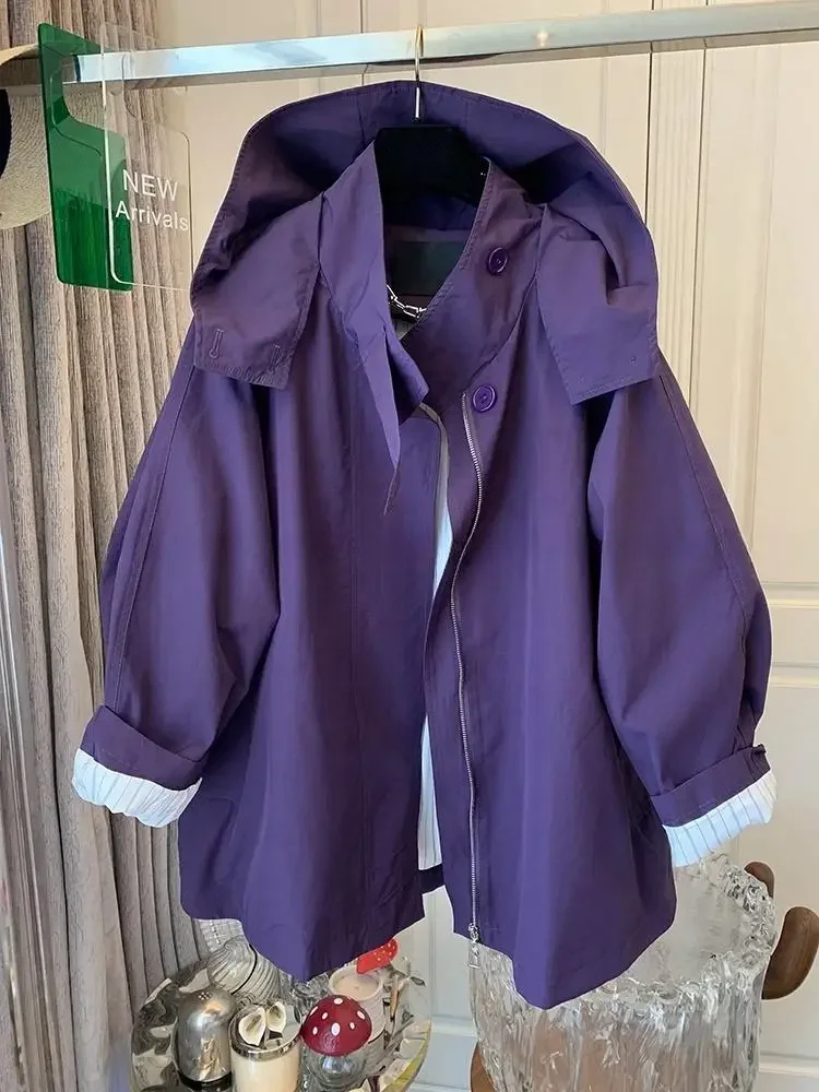 SuperAen Purple Casual Hooded Outdoor Jacket Coat 2024 Autumn New Korean Style Oversize Temperament Fashion Loose Waist Coats