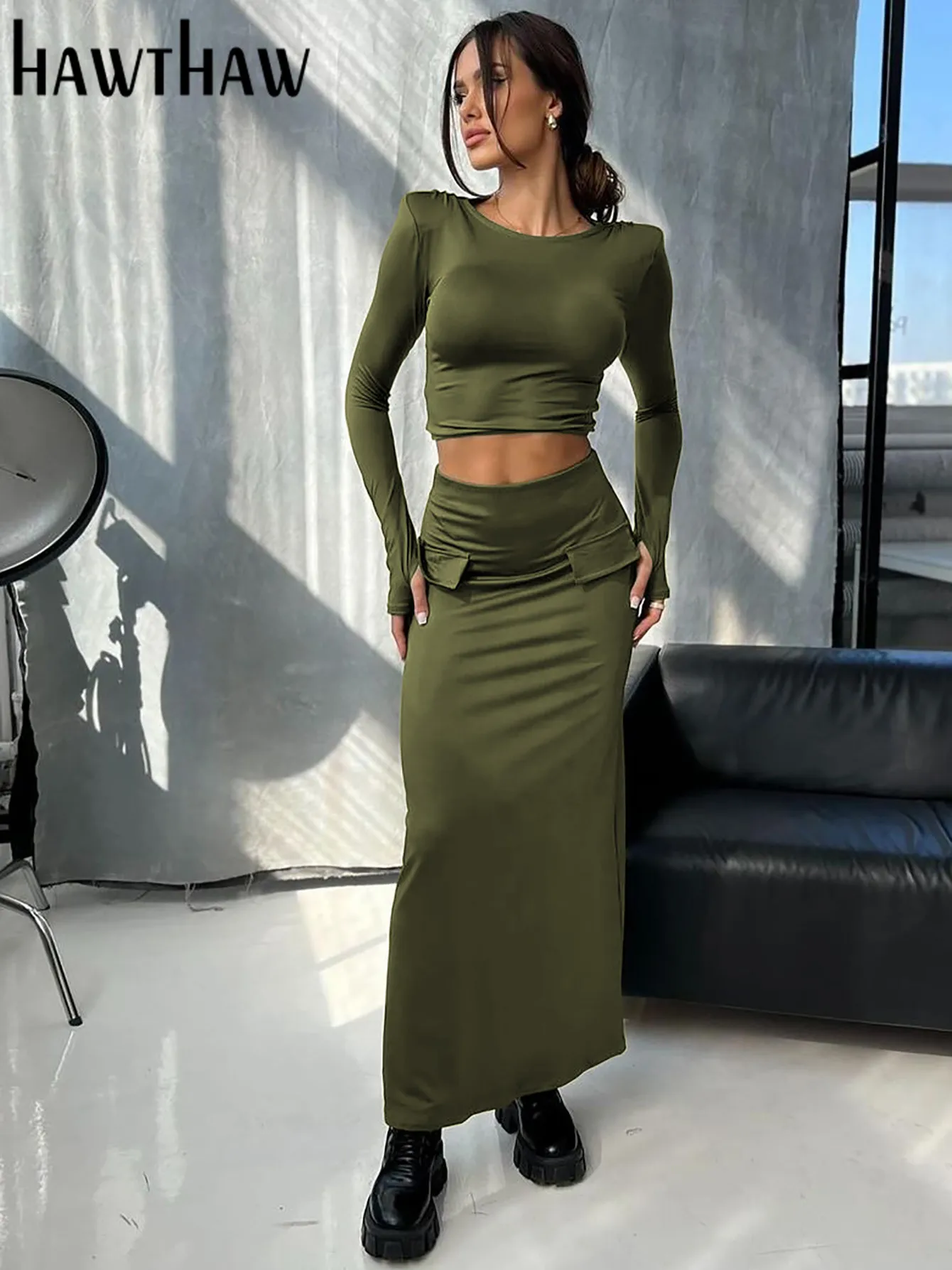 Hawthaw Women 2024 Spring Autumn Long Sleeve Crop Tops Long Skirts Two Piece Sets Outfit Basic Wholesale Items For Business