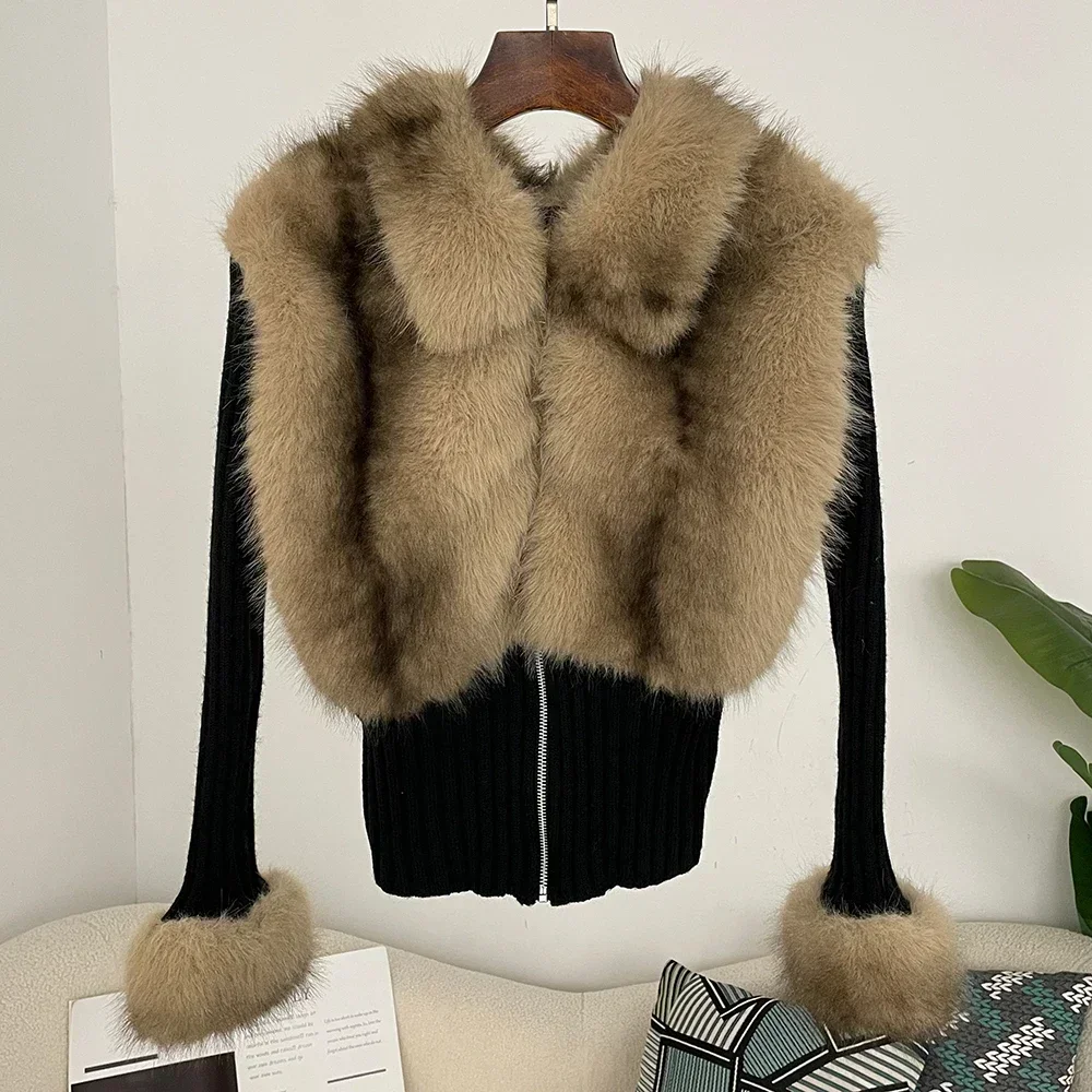 

Вязаный теплый женский трикотаж из искусственного меха, пальто с воротником из искусственного меха, весенний приятный дизайнерский элегантный лоскутный кардиган, винтажный свитер
