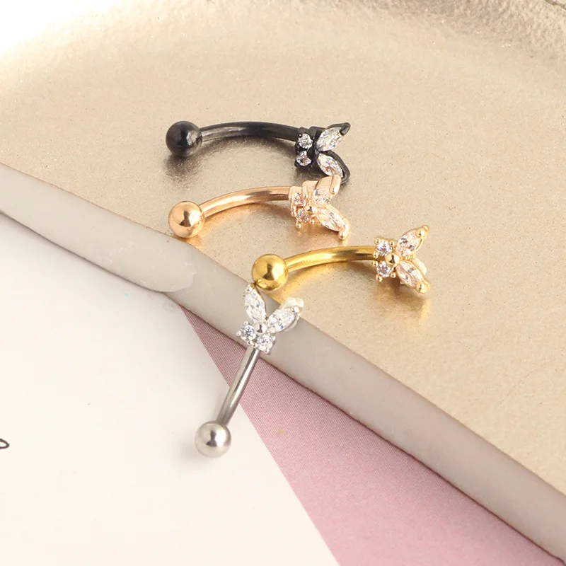 Gold Rook Piercing Jewelry 14K Solid Gold Butterfly Eyebrow Stud Helix Earring Rook Earrings 16G Daith Curved Barbell view 4