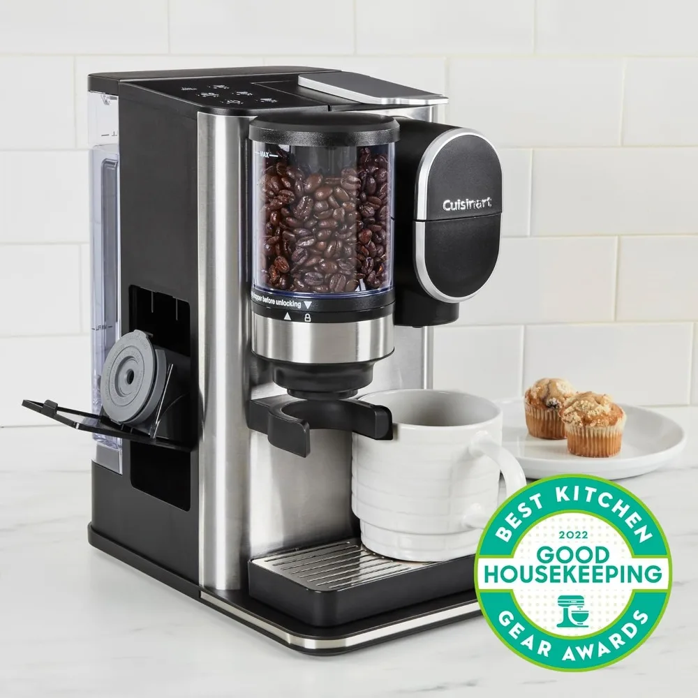 Single Serve Coffee Maker + Coffee Grinder, 48-Ounce Removable Reservoir, 120 volts, Stainless Steel