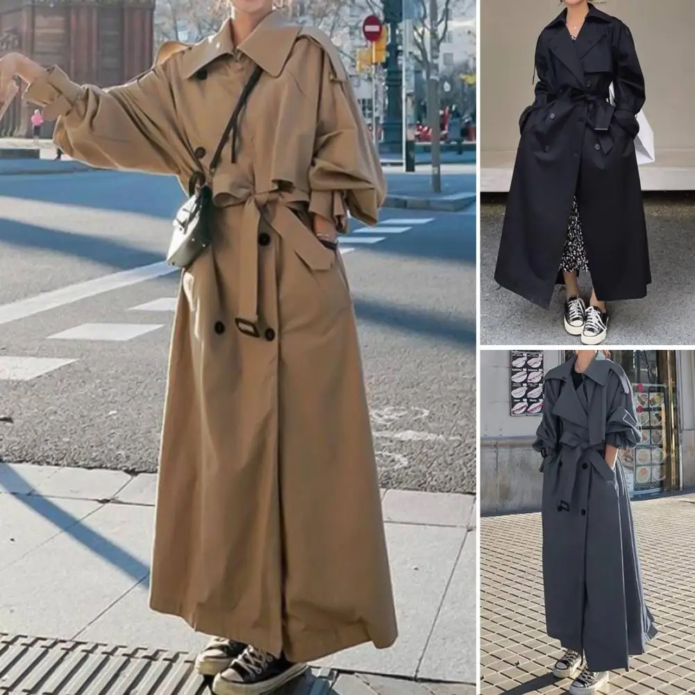 Women\'s Trench Coat Spring Autumn Black Windbreaker Jacket Female Double-Breasted Super Long Classic Fashion Loose Ladies Cloak