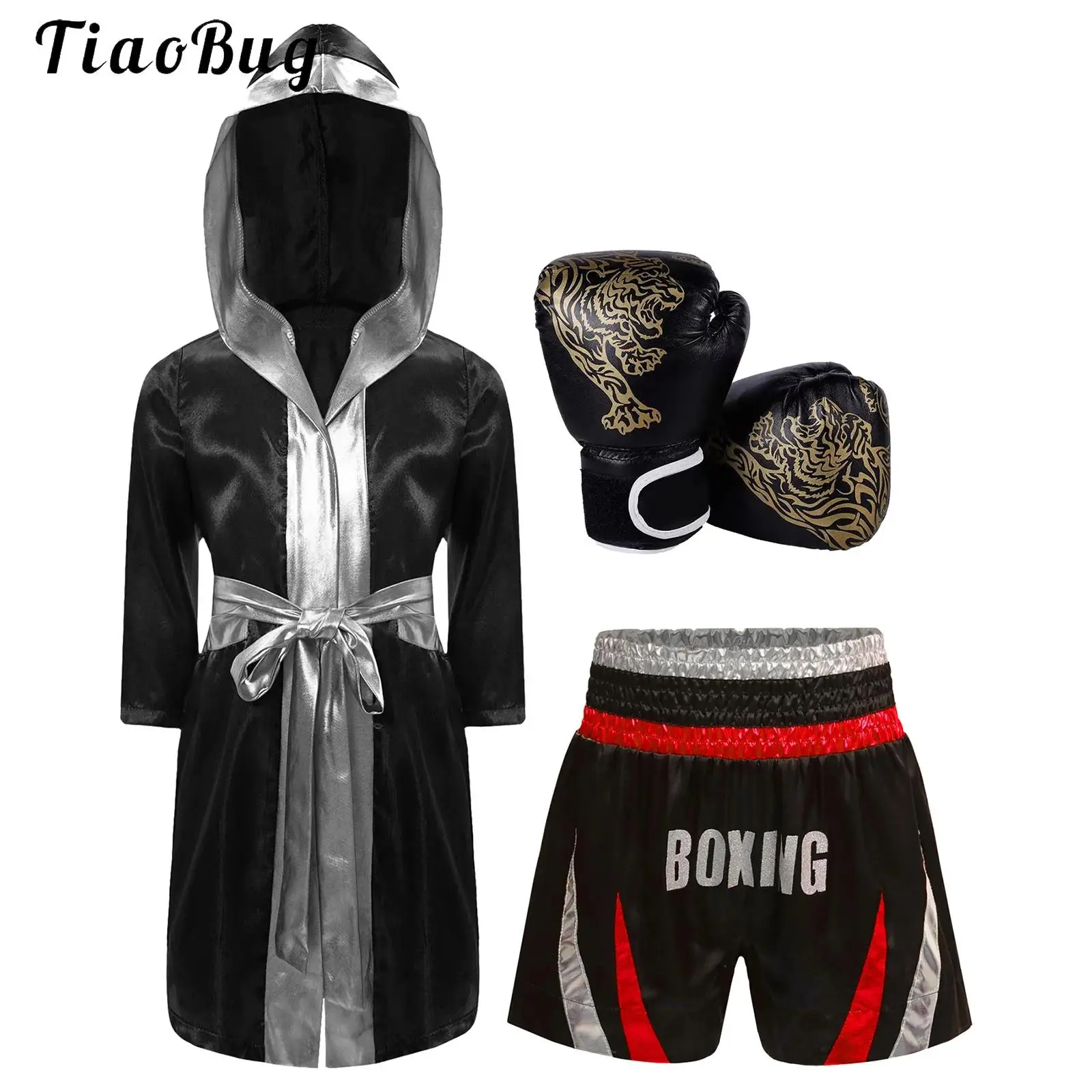 

Boys 3 Piece Boxing Outfits Halloween Cosplay Costume Satin Robe with MMA Shorts Training Gloves Set