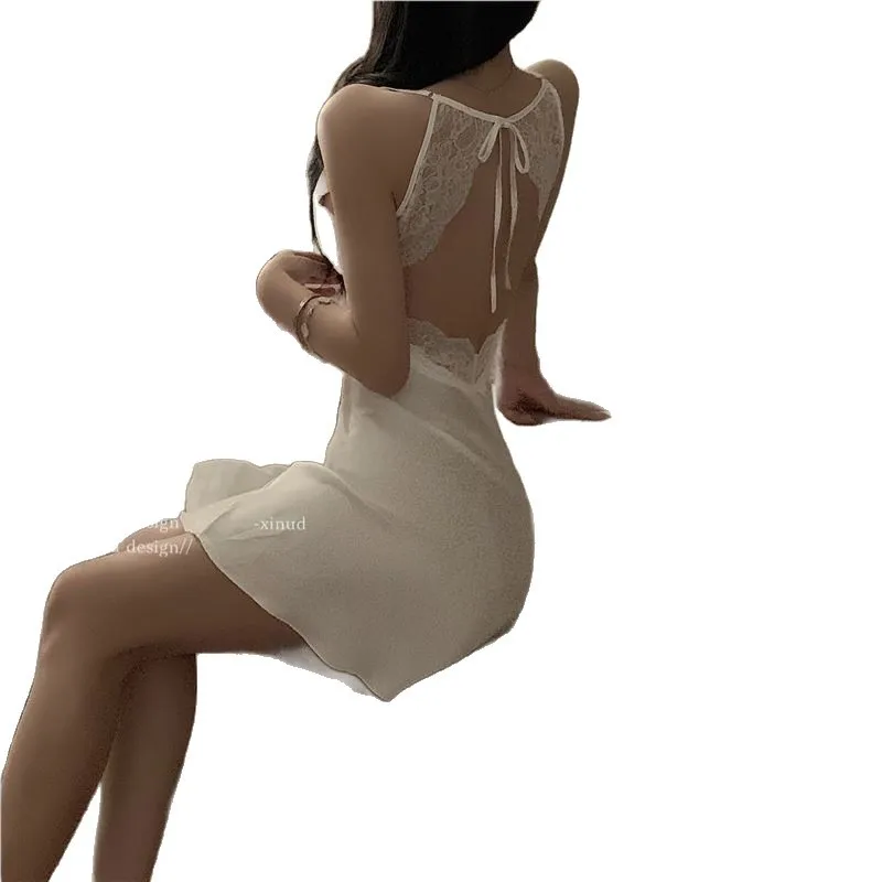 1019 فستان نوم نسائي رفيع مزين بالدانتيل بدون ظهر ملابس نوم أنثوية لطيفة أنيقة بدون أكمام فستان نوم للملابس المنزلية