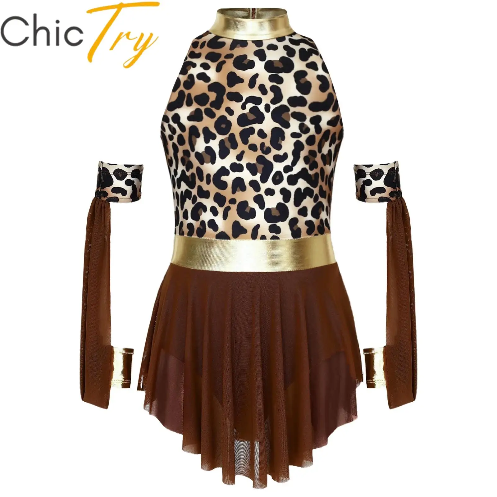 

Kids Girls Prehistoric Cave Costume Halloween Leopard Print Metallic Mock Neck Sleeveless Mesh Cosplay Dress with Oversleeves