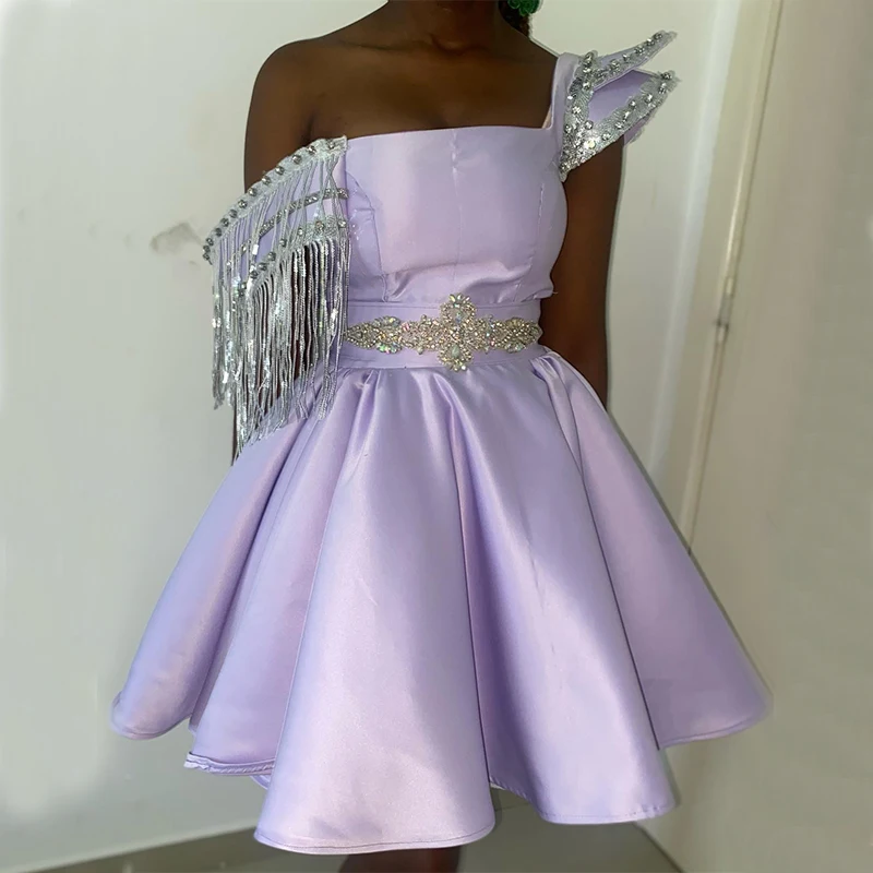 Lavender Short Prom Dresses for Black Girls One Shoulder A Line Mini Tassel Beaded Birthday Party Homecoming Dress Customized