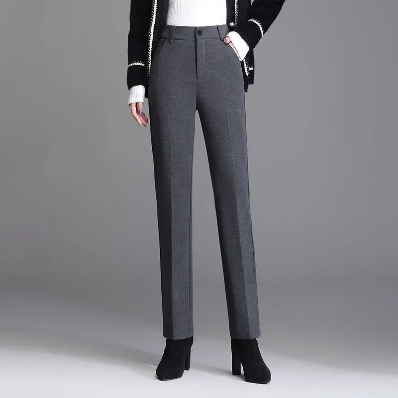 Office Lady Fashion All-match Wool Pencil Pants Autumn Winter Women High Waist Elastic Band Slim Casual Straight Trousers N89