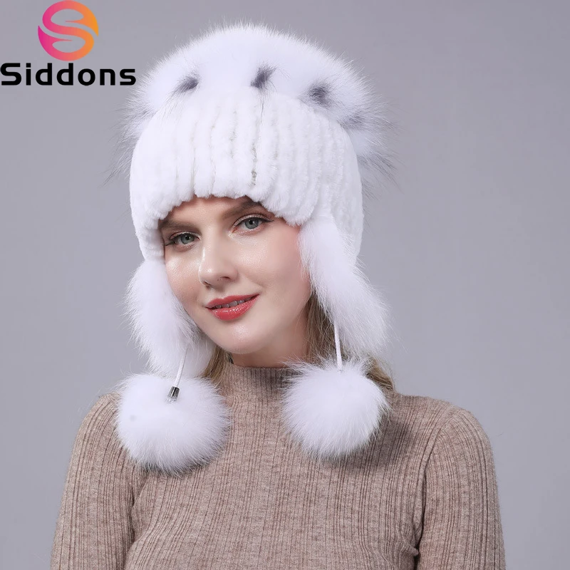 

2024 New Winter Hat For Women Warm Natural Genuine Rex Rabbit Fur Knitted Hats With Ear Flaps Handsewn Fashionable Bomber Hat