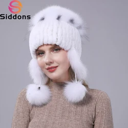 2026 New Winter Hat For Women Warm Natural Genuine Rex Rabbit Fur Knitted Hats With Ear Flaps Handsewn Fashionable Bomber Hat