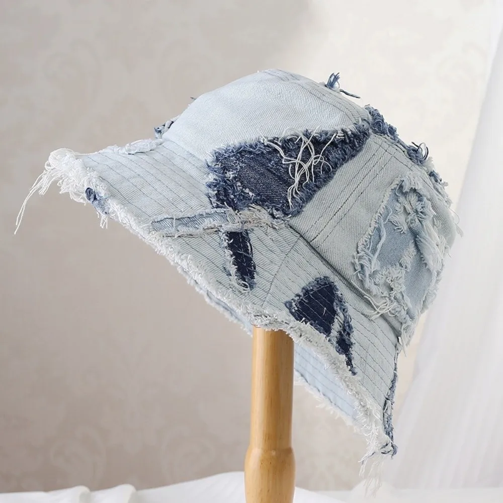 المتخصصة اليابانية الدنيم قبعة بحافة مرقع المتسول نمط الرجعية صياد قبعة الأزرق الربط الشمس حماية حوض قبعة للجنسين #2