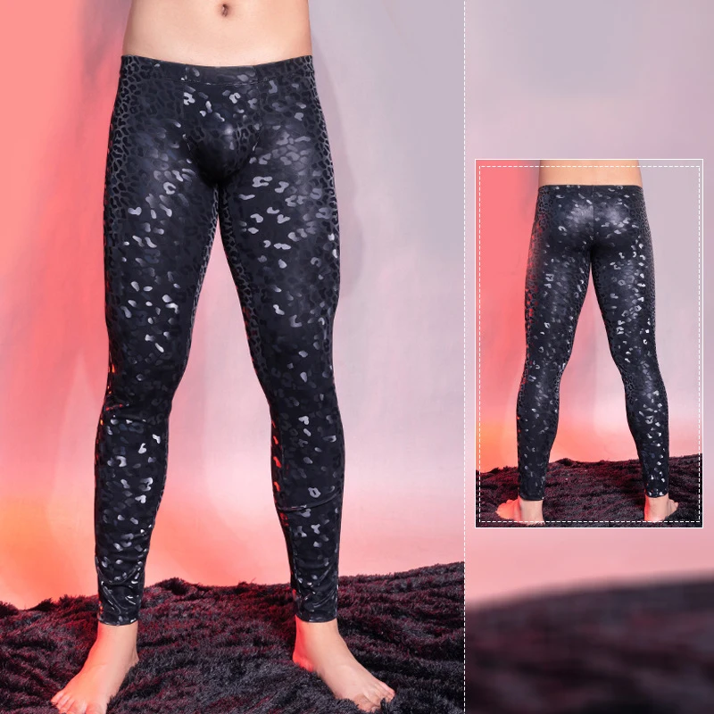 Men Sexy Shiny PU Leather Leggins Underwear Leopard Printed Elastic Skinny Long Pants Tights Leggings Nightclub Trousers