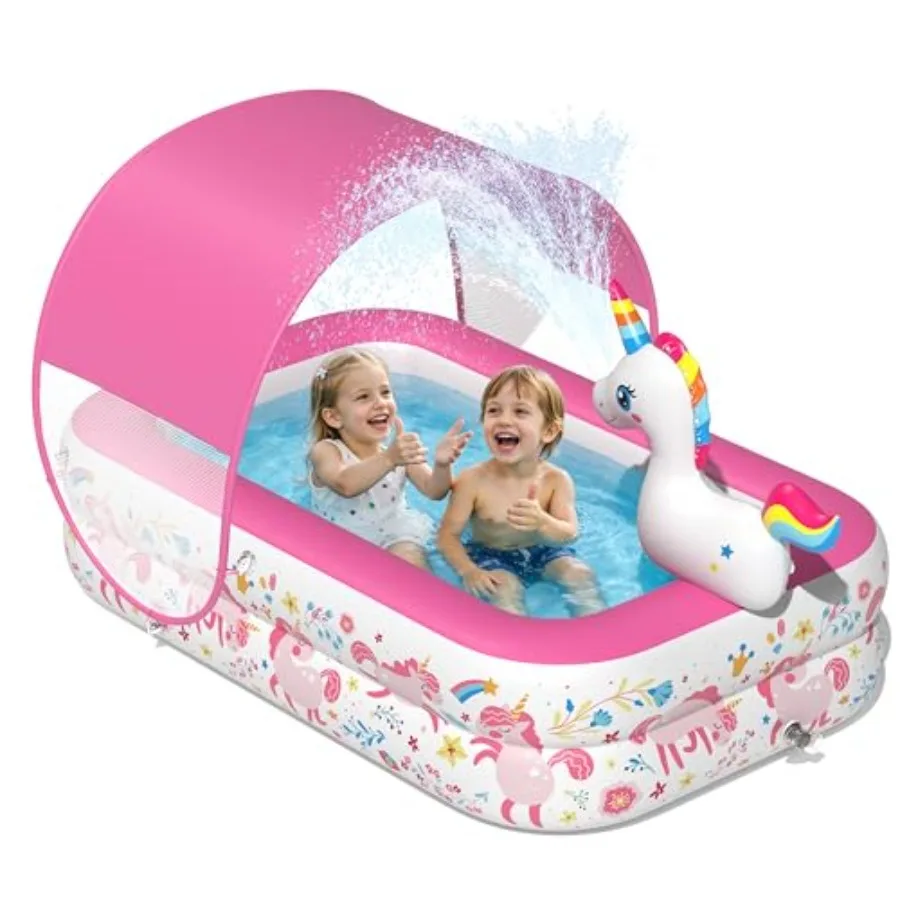 

Backyard/indoor kiddie pool with canopy and sprinkler, inflatable baby pool with soft cushioned floor, portable toddler blow-up