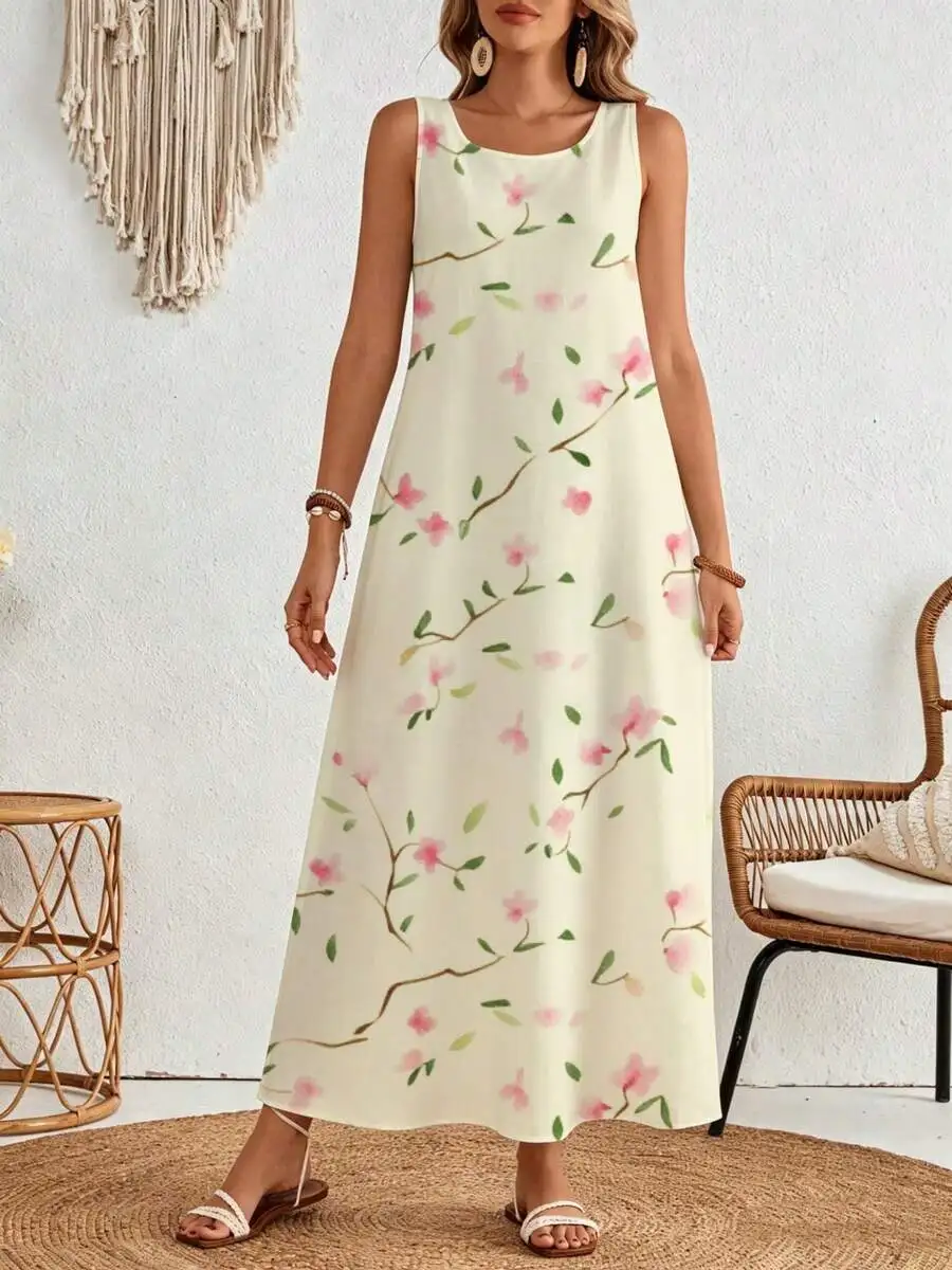 

Floral Print Sleeveless Maxi Dress Cream Pink Blossom Pattern Summer Beach Vacation Wear