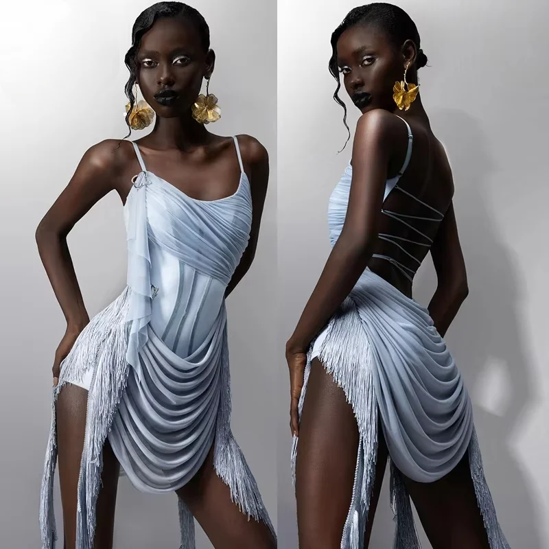 Modisches blaues Latein-Tanzkleid mit Fransen für Damen, Latein-Tanz-Performancekleid für Erwachsene, Chacha Latein-Tanz, professionelle Kleidung