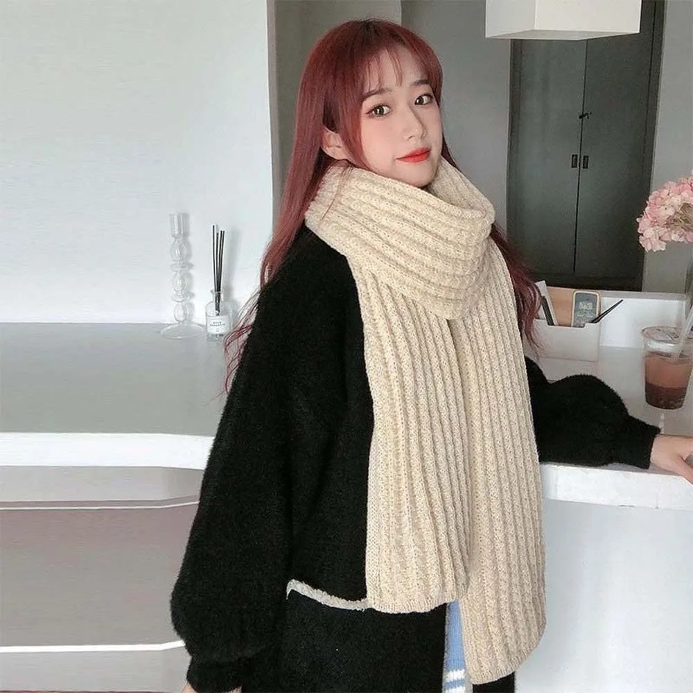 

Acrylic Fibers Knitting Wool Scarf Spandex Solid Color Long Thickened Neckscarf Cold-proof Polyester Winter Warmer Scarf Couple